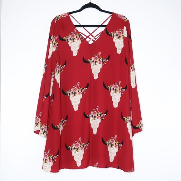 Altar'd State Womens Short Dress‎ Size Large Red Floral Cow Print Boho Western - Picture 1 of 7